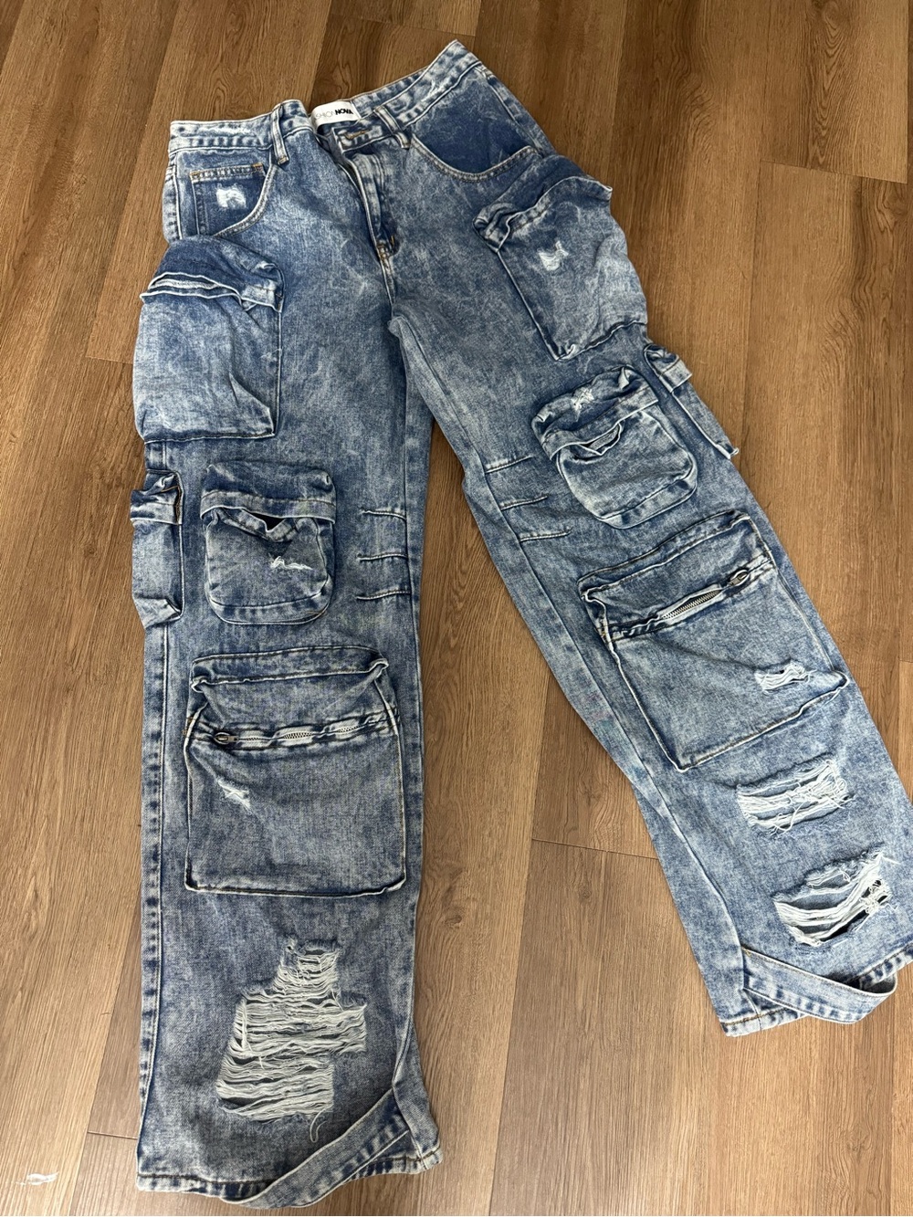 Fashion Nova Acid Wash Blue Cargo Distressed Jeans